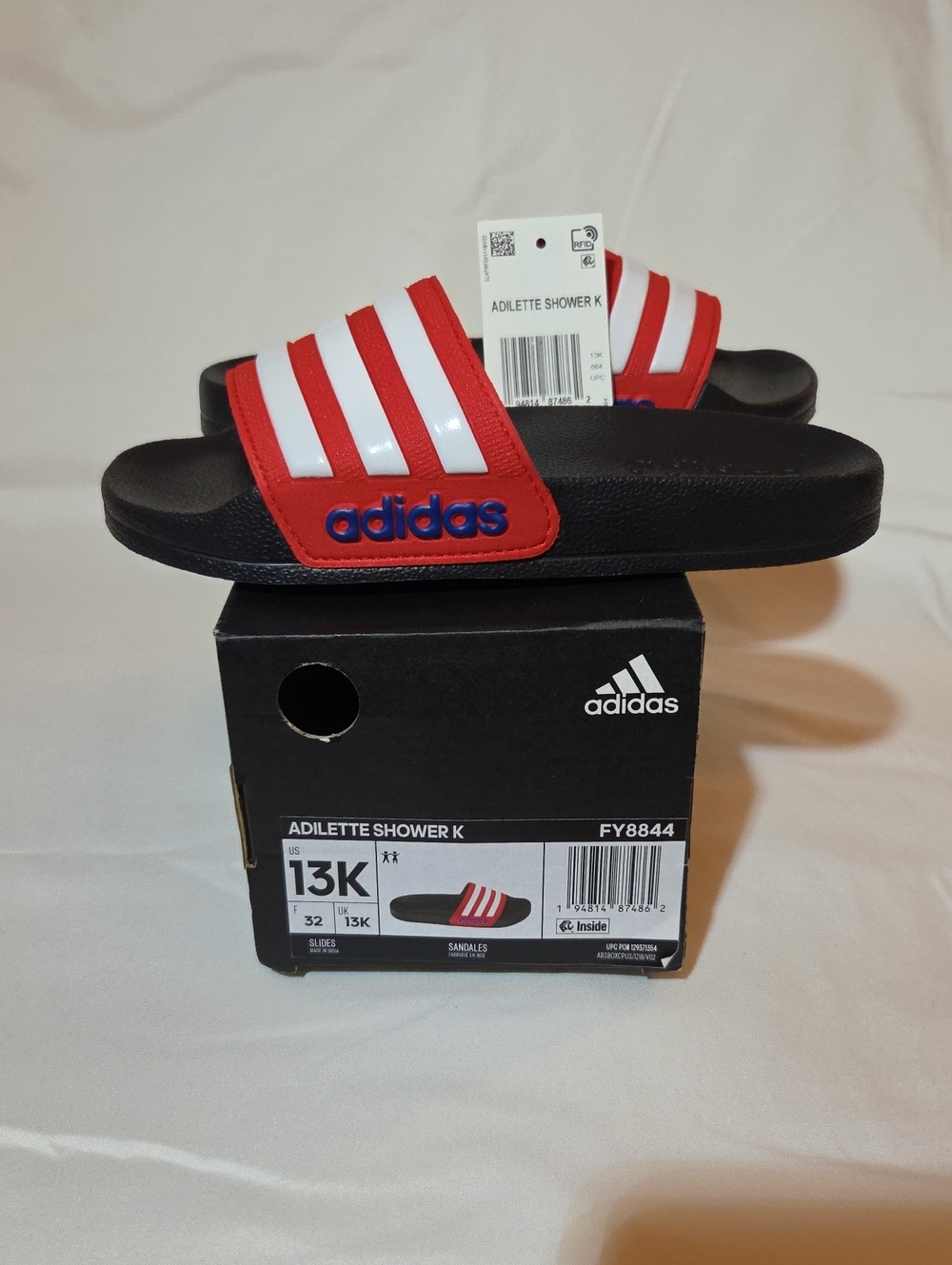 adidas Red, White & Black Kids Slide Sandals